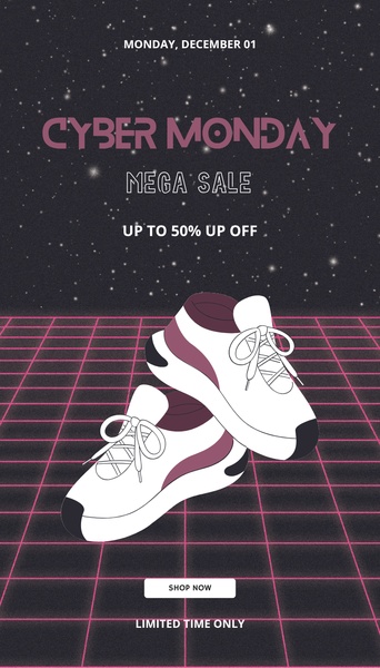 sneakers, athletic shoes, running shoes, casual shoes, trainers, sale promotion, limited time deal, modern typography, bold, energetic, purple, black, cyber monday
